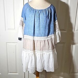 Vasna Womens Medium Tiered Boho Peasant Dress Colorblock Milkmaid Lined Lace